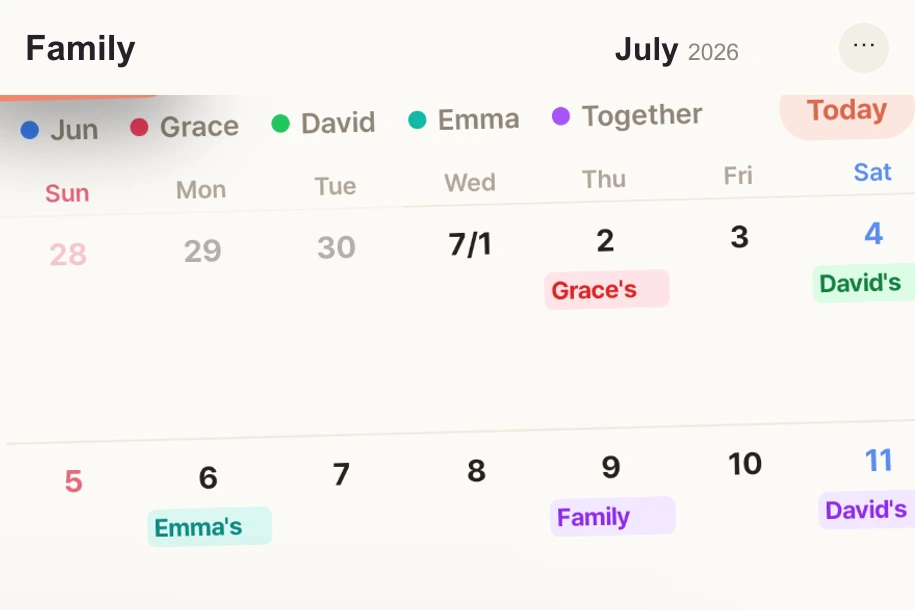 Family time — actual calendar with space name, participants and events