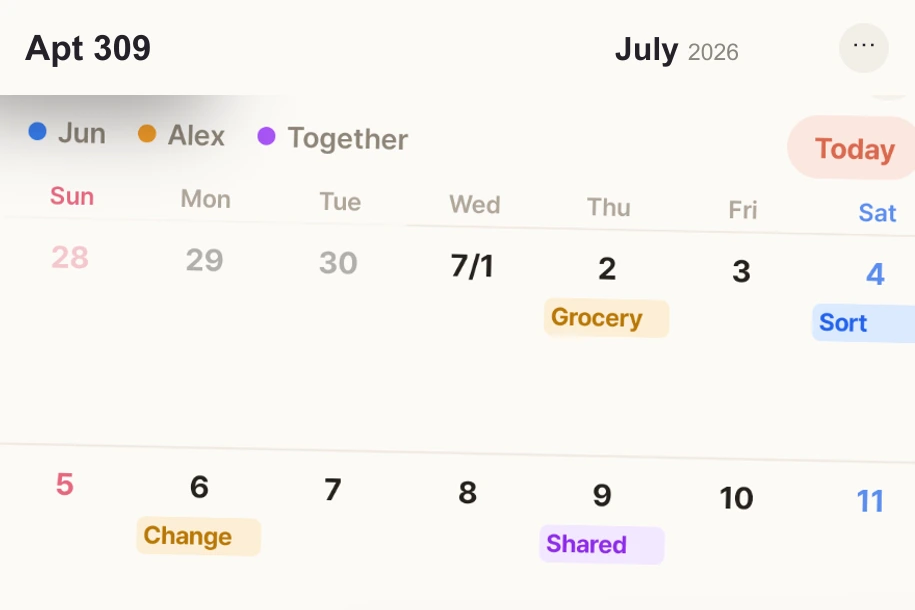 Life under one roof — actual calendar with space name, participants and events