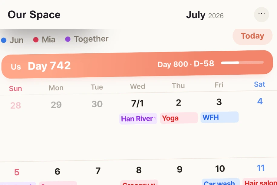 Just the two of us — actual calendar with space name, participants and events